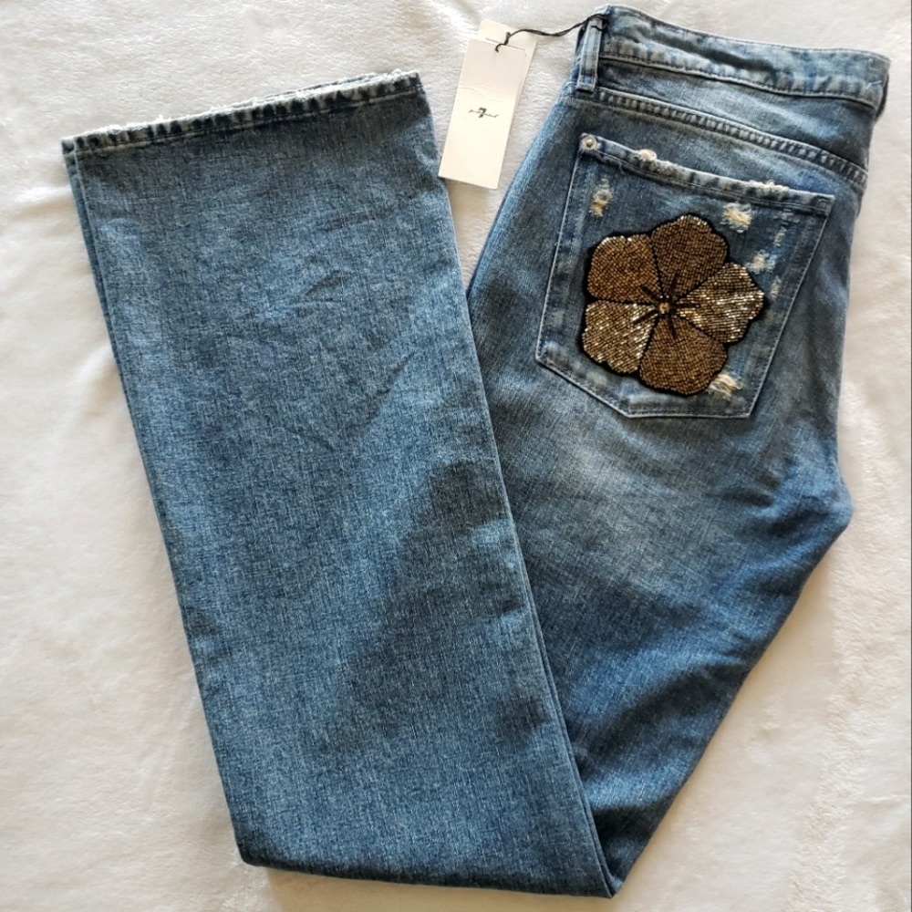 7 For All Mankind Blue Boot Cut Jeans with Gold Floral Patch